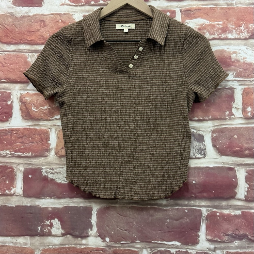 Madewell Shirt Women's XS Brown Knit Striped Crinkle Accent Button Casual Shirt - Picture 7 of 9